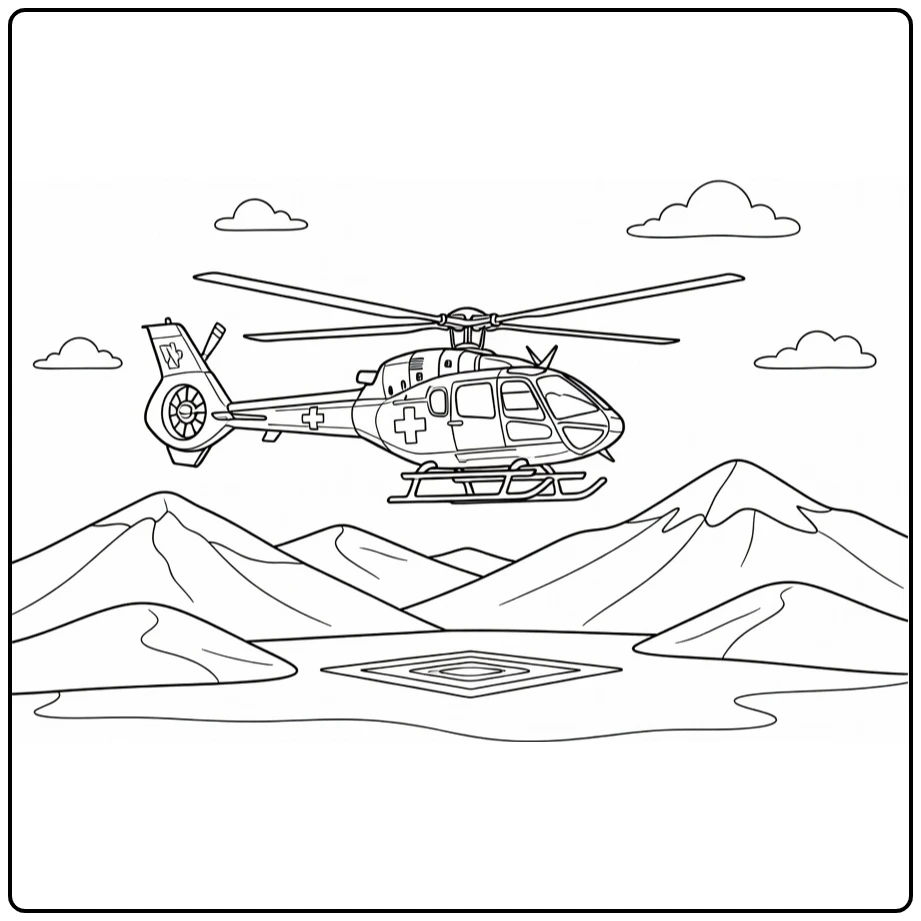 kleurplaat helikopter reddingshelikopter boven bergen