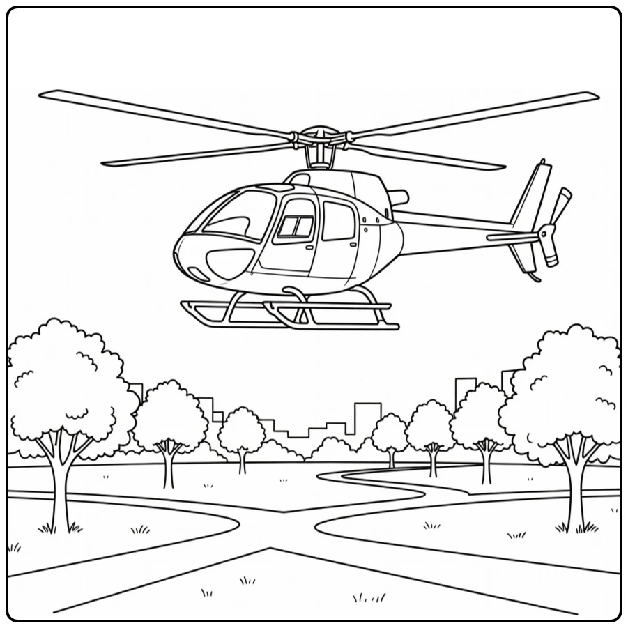 kleurplaat helikopter boven stadspark met bomen en paden