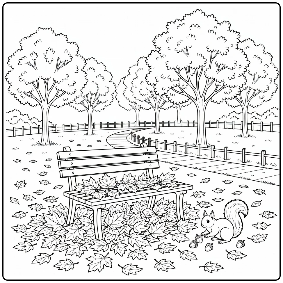 kleurplaat herfst van park met bomen, bank en eekhoorn