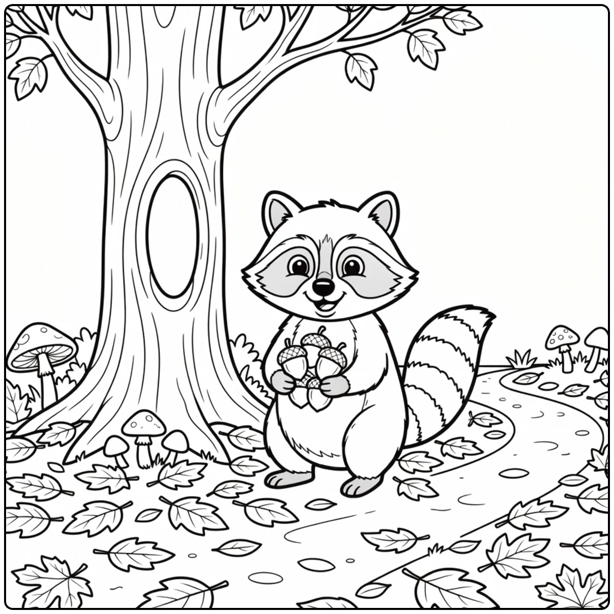 kleurplaat herfst met wasbeer en eikels bij holle boom