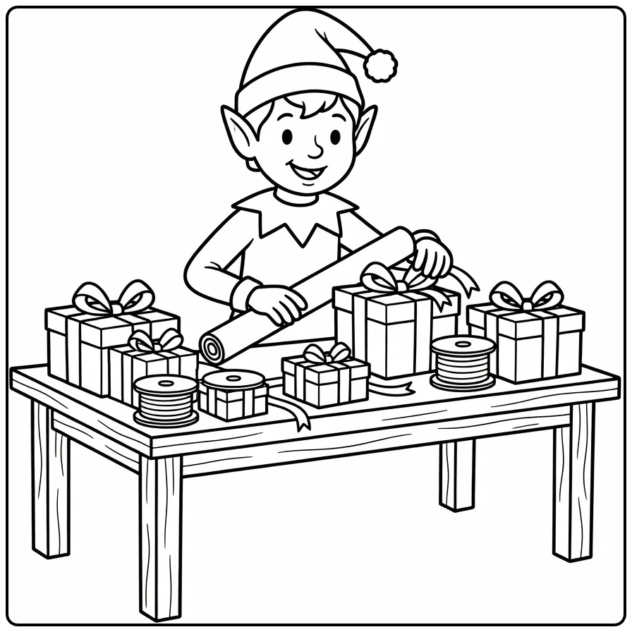 kleurplaat kerst en nieuwjaar van elf met cadeaus aan werkbank