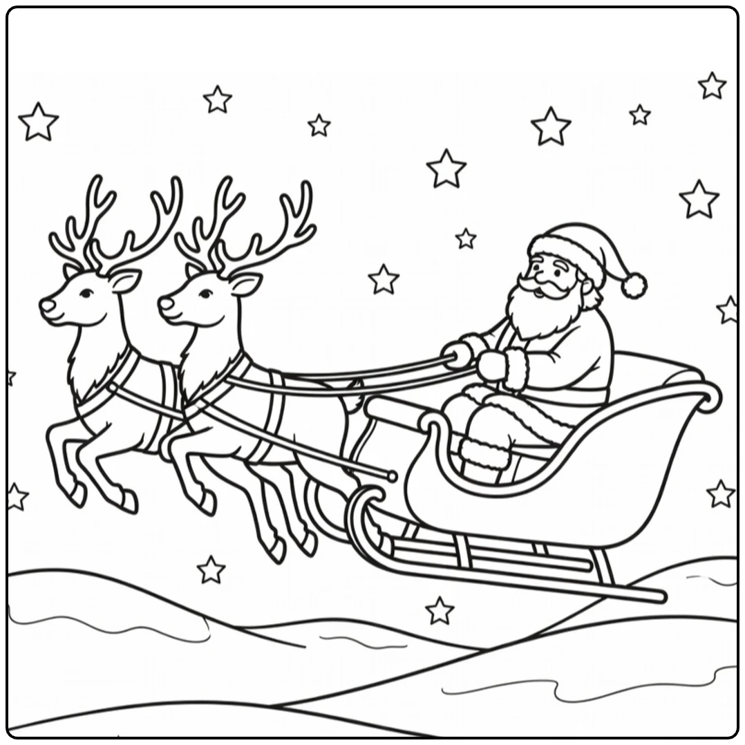 kleurplaat kerst en nieuwjaar met Kerstman en rendieren