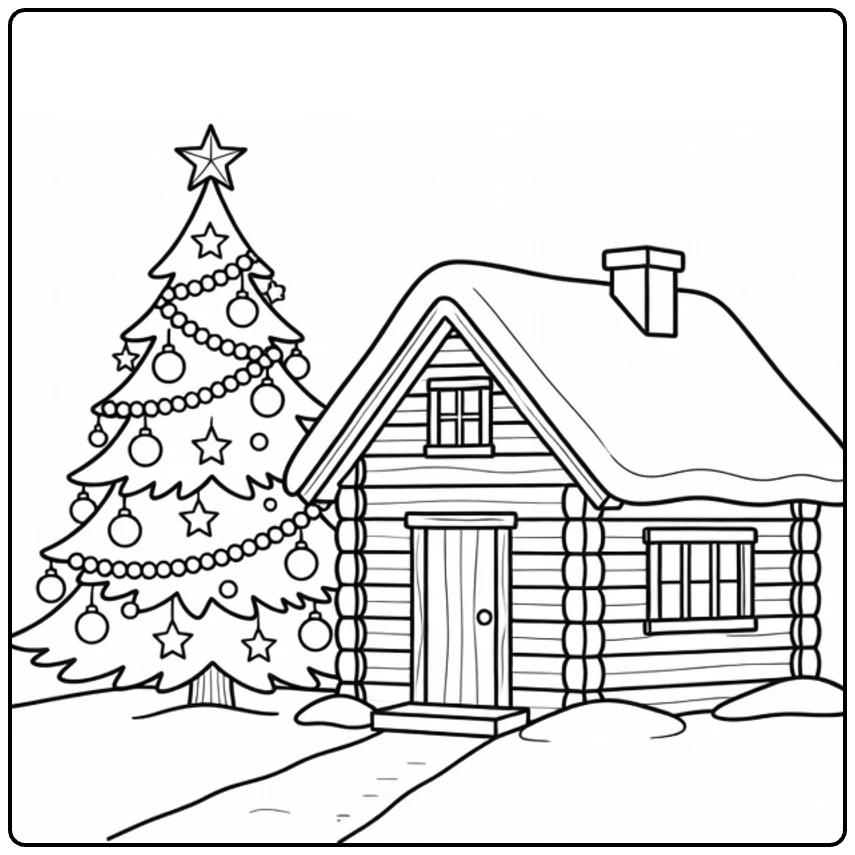 kleurplaat kerst en nieuwjaar met knus huis en kerstboom