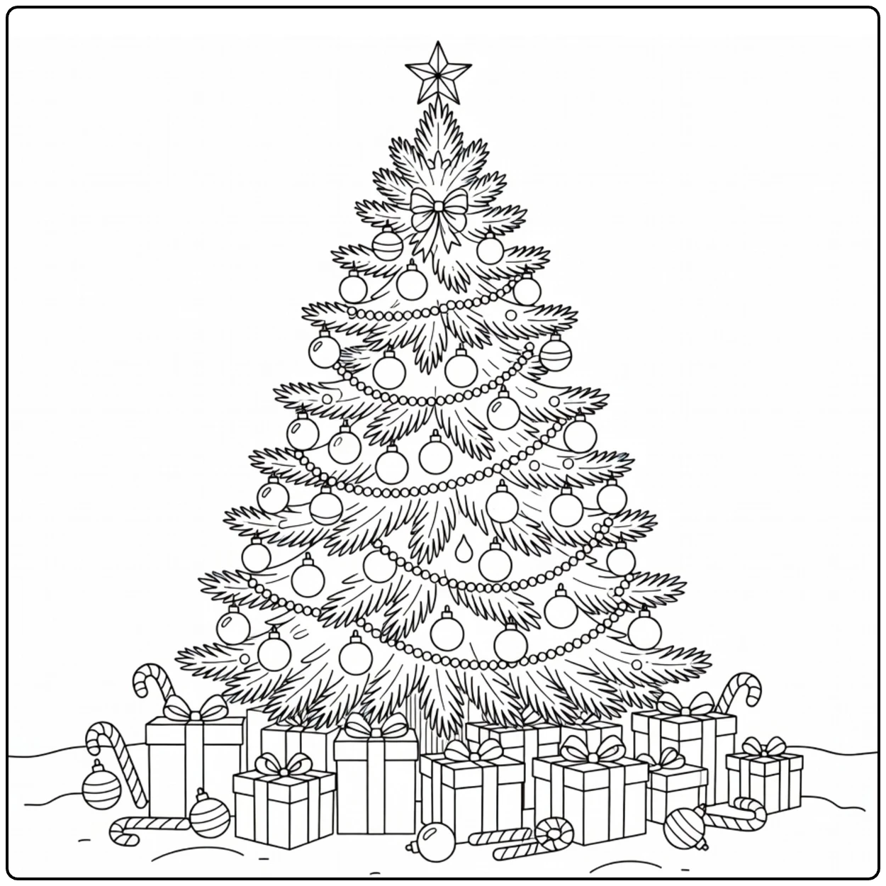 kleurplaat kerst en nieuwjaar met versierde boom en cadeaus