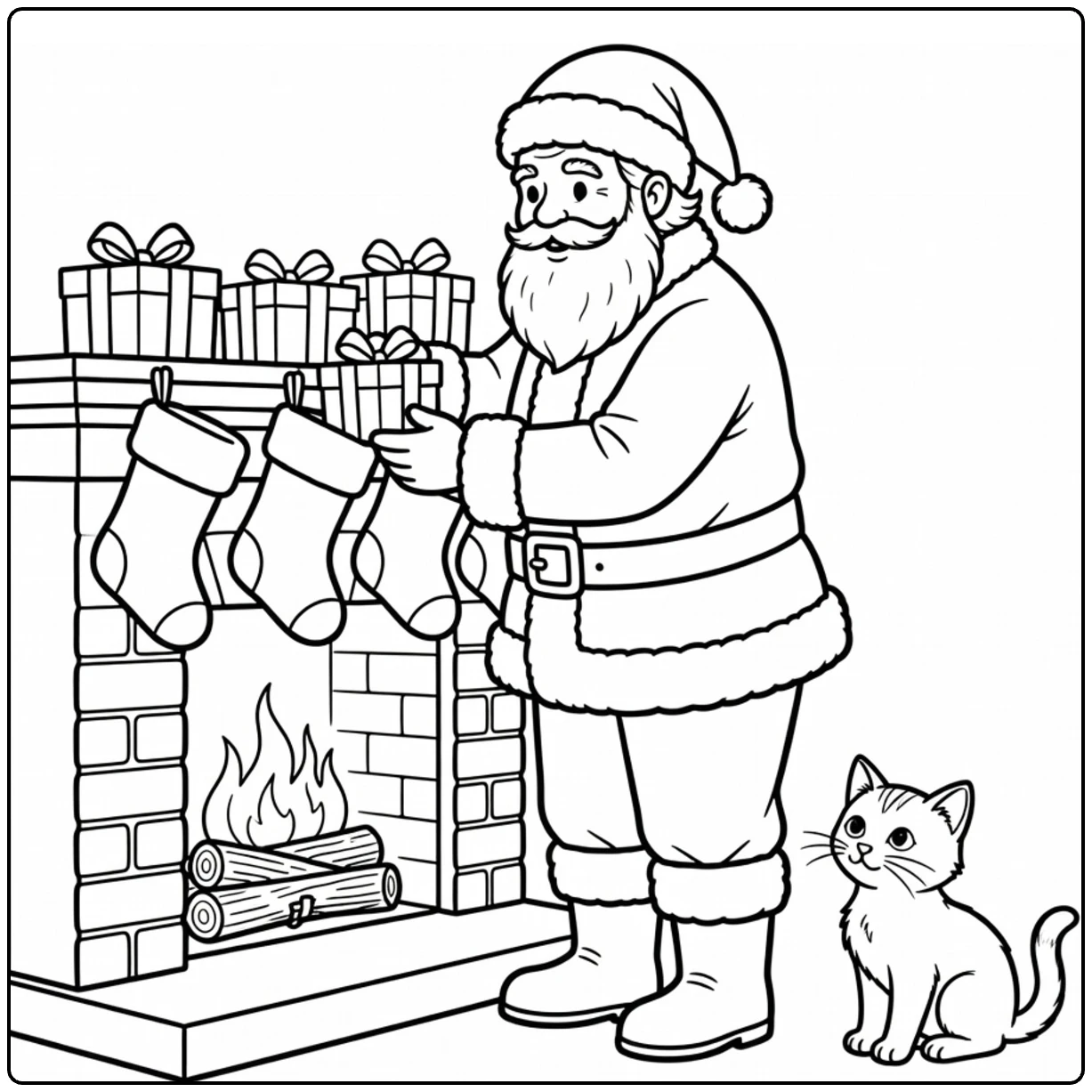 kleurplaat kerst en nieuwjaar kerstman vult kousen met kitten