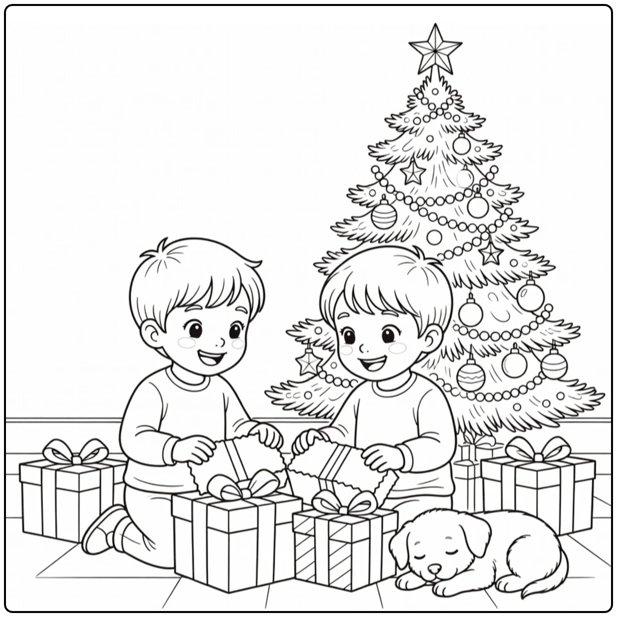 kleurplaat kerst en nieuwjaar met kinderen en puppy