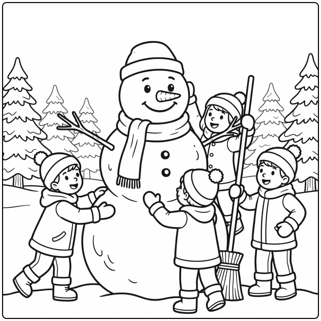 kleurplaat kerst en nieuwjaar kinderen en sneeuwpop