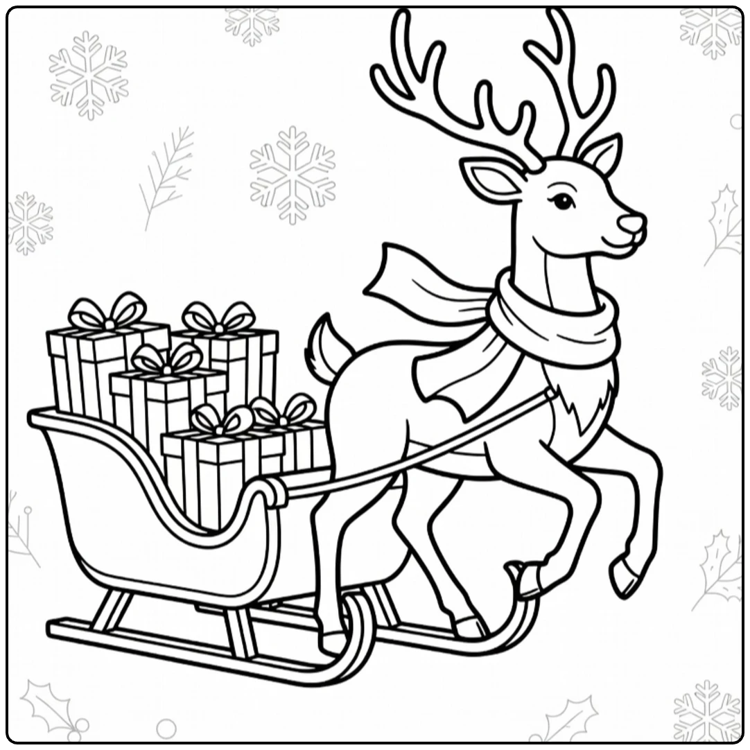 kleurplaat kerst en nieuwjaar rendier met sjaal trekt slee met cadeaus