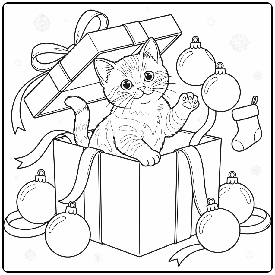 kleurplaat kerst en nieuwjaar met kitten in cadeau