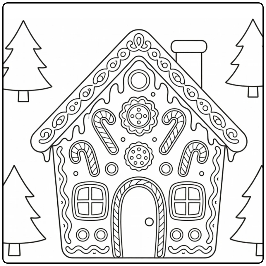 kleurplaat kerst en nieuwjaar met peperkoekhuis en kerstbomen