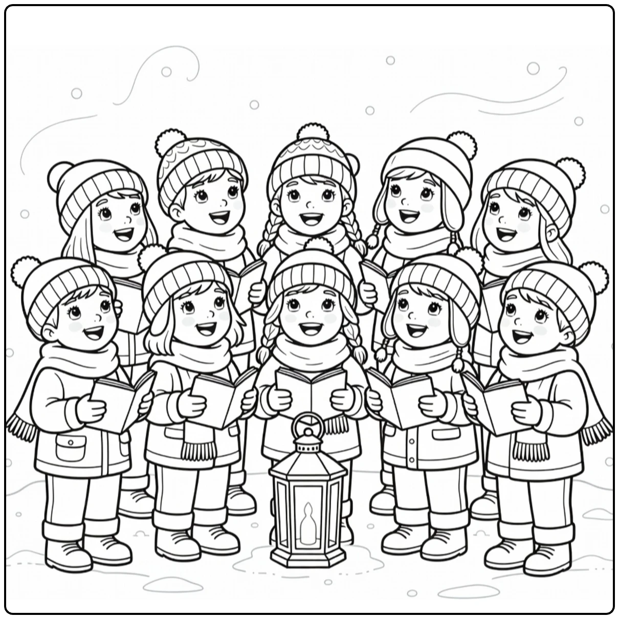 kleurplaat kerst en nieuwjaar met kinderkoor en lantaarn