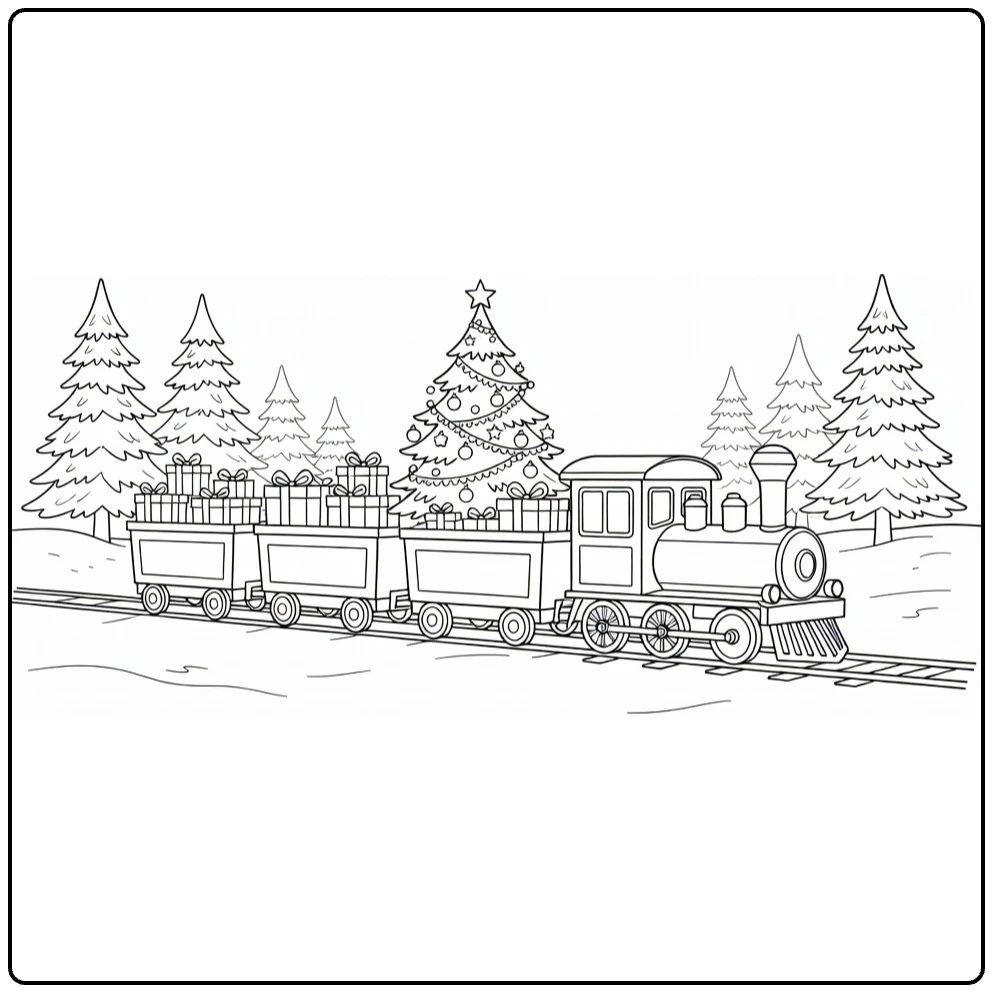kleurplaat kerst en nieuwjaar met trein vol cadeaus