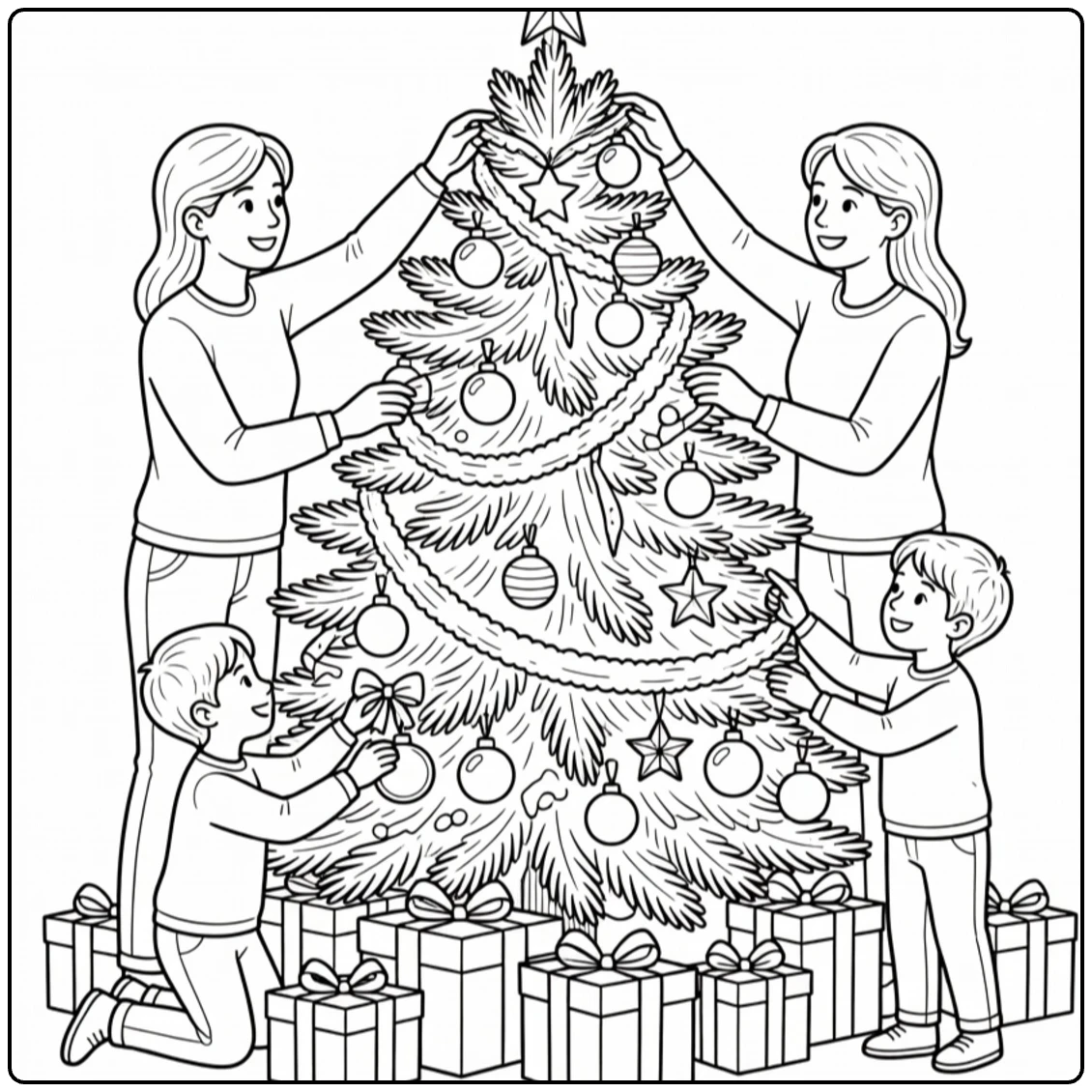 kleurplaat kerst en nieuwjaar met familie die boom versiert