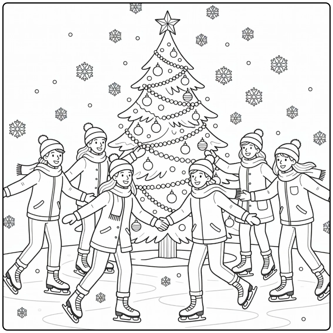 kleurplaat kerst en nieuwjaar met vrienden op het ijs