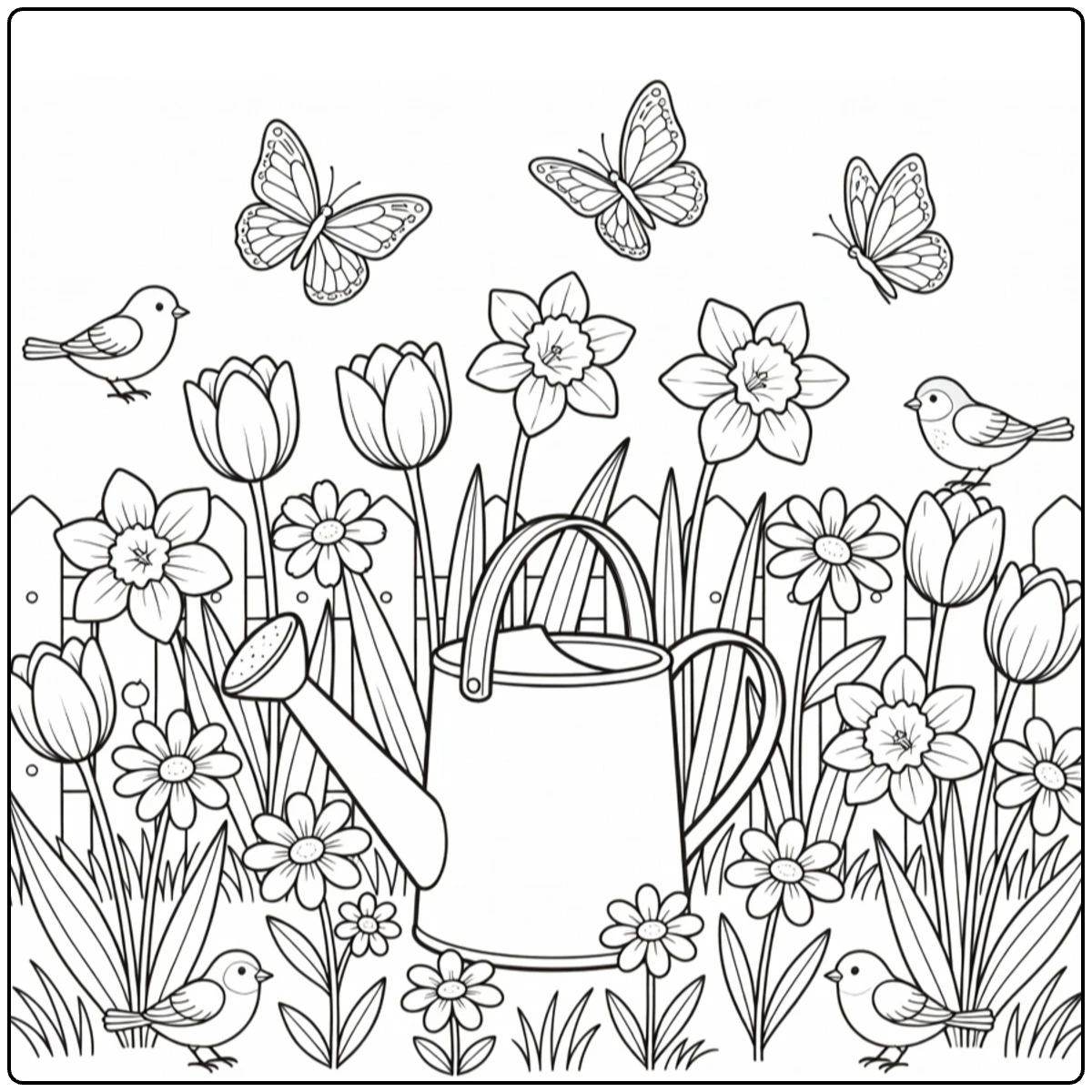 kleurplaat lente met gieter en bloeiende bloemen