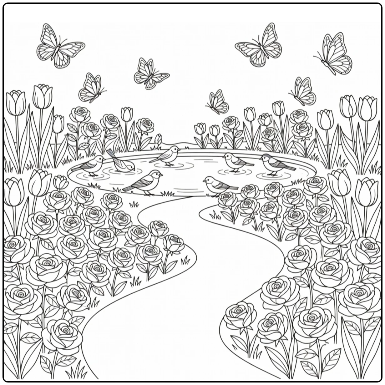 kleurplaat lente met rozen tulpen pad en vijver