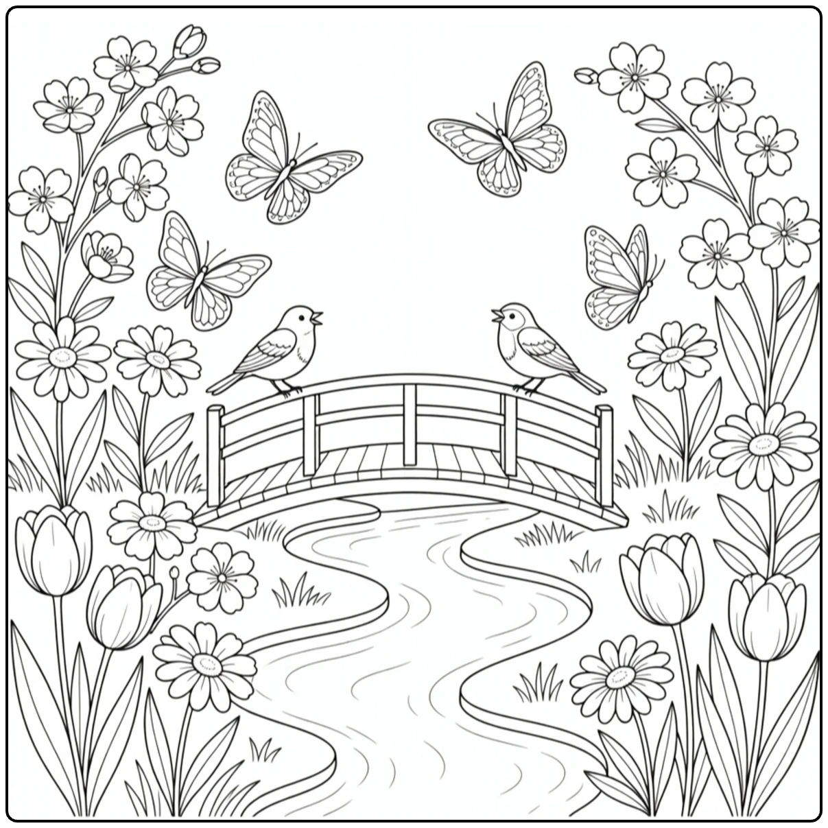 kleurplaat lente met brug over beek omringd door bloemen
