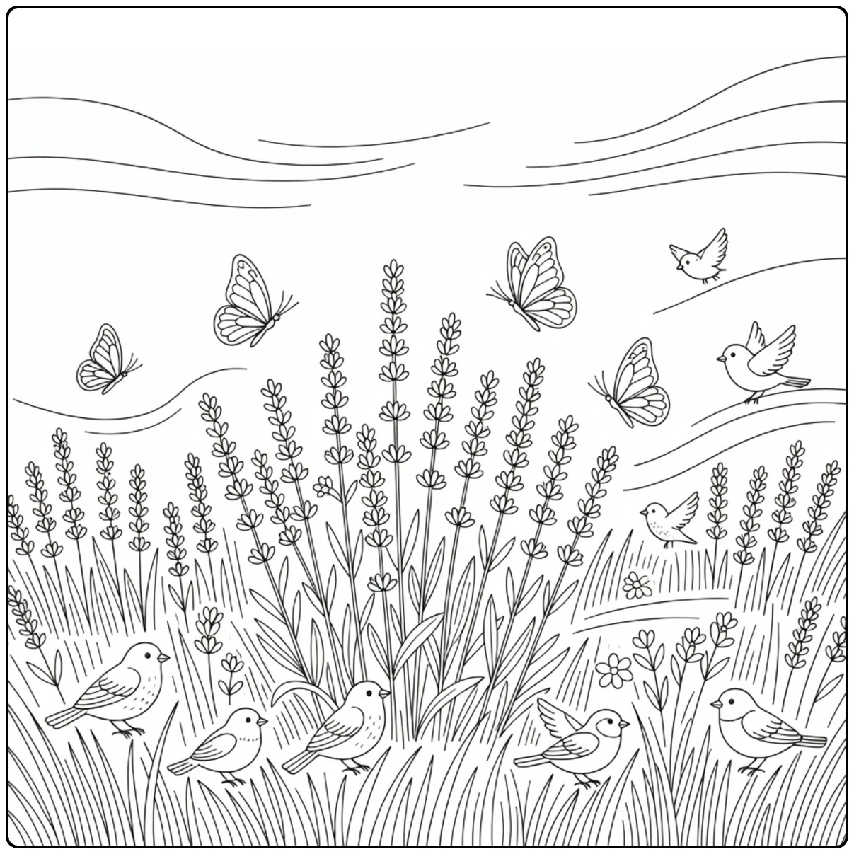 kleurplaat lente vredige weide met lavendel vlinders vogels