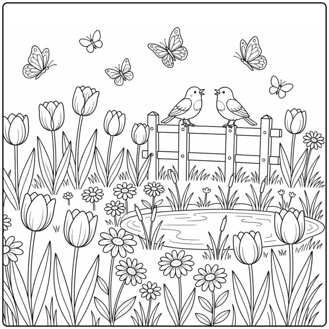 kleurplaat lente met tulpen en vlinders in de wei