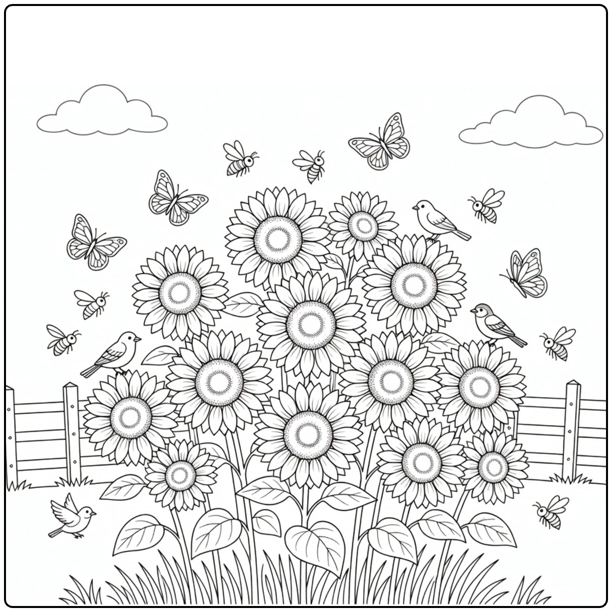 kleurplaat lente met zonnebloemen en vlinders