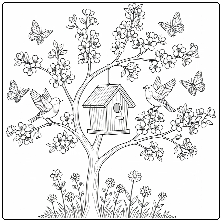 Kleurplaat lente met vogelhuisje aan bloeiende appelboom