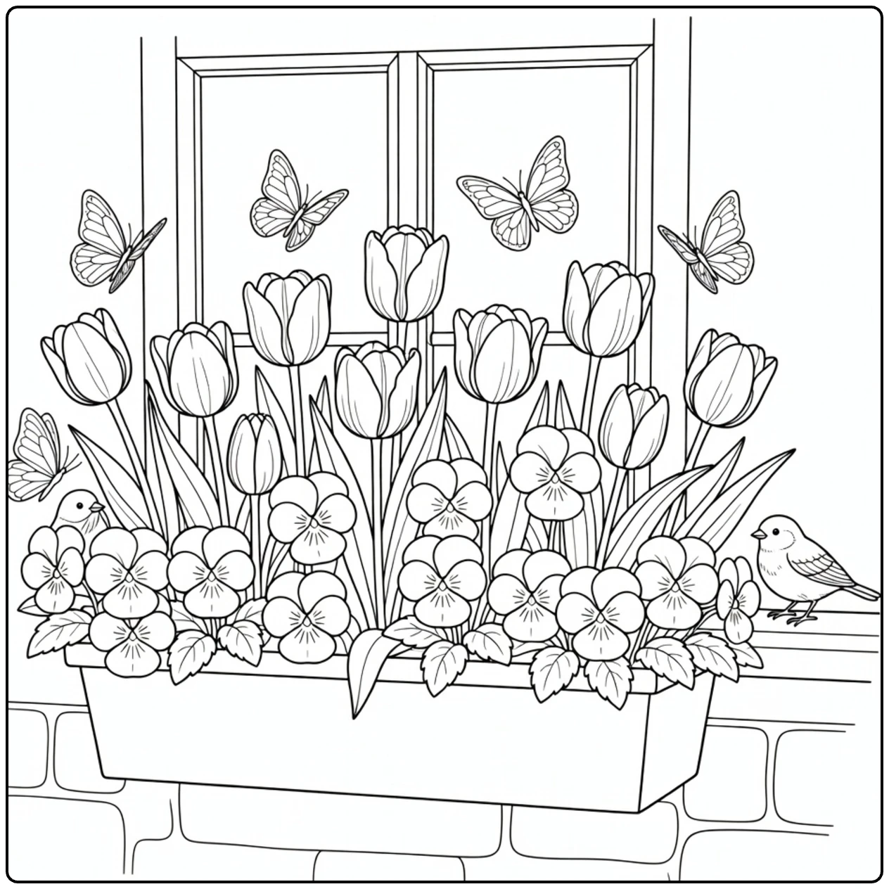 kleurplaat lente met bloembak vol tulpen en vlinders