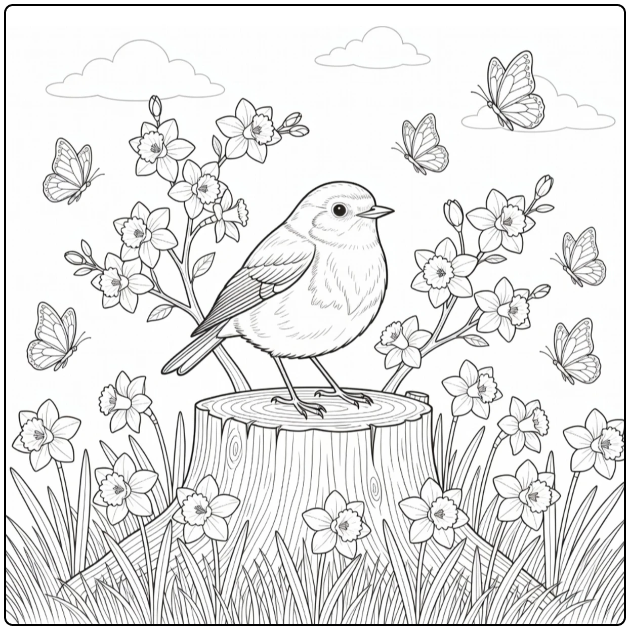 kleurplaat lente met roodborst op bloeiende boomstronk en narcissen