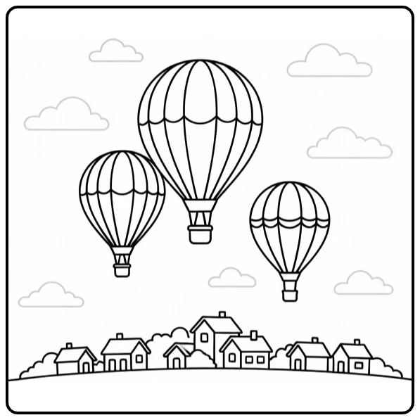 kleurplaat luchtballon met drie ballonnen boven dorp