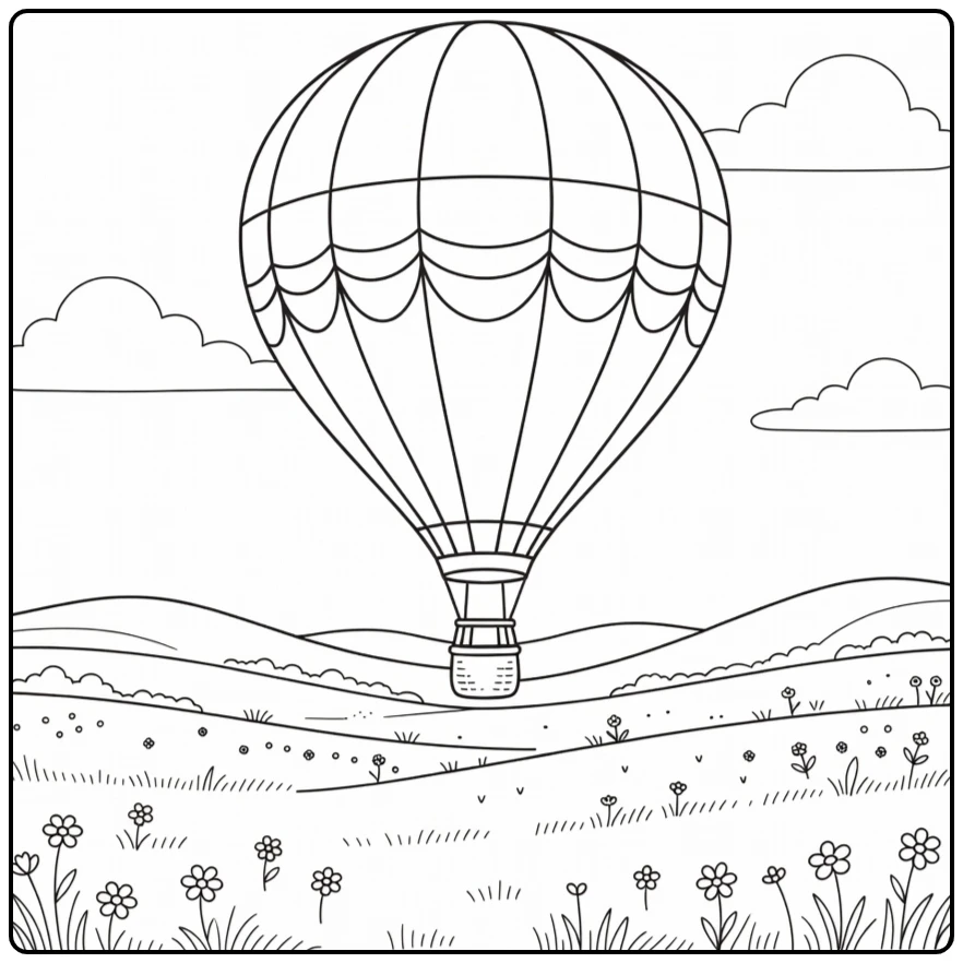 kleurplaat luchtballon zwevend boven weide met bloemen en heuvels