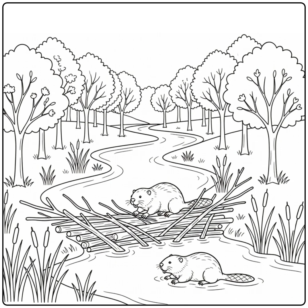 Kleurplaat meer met beek bevers en lentebos detail