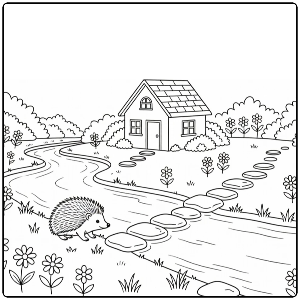 Kleurplaat meer met beek naast cottage en egel