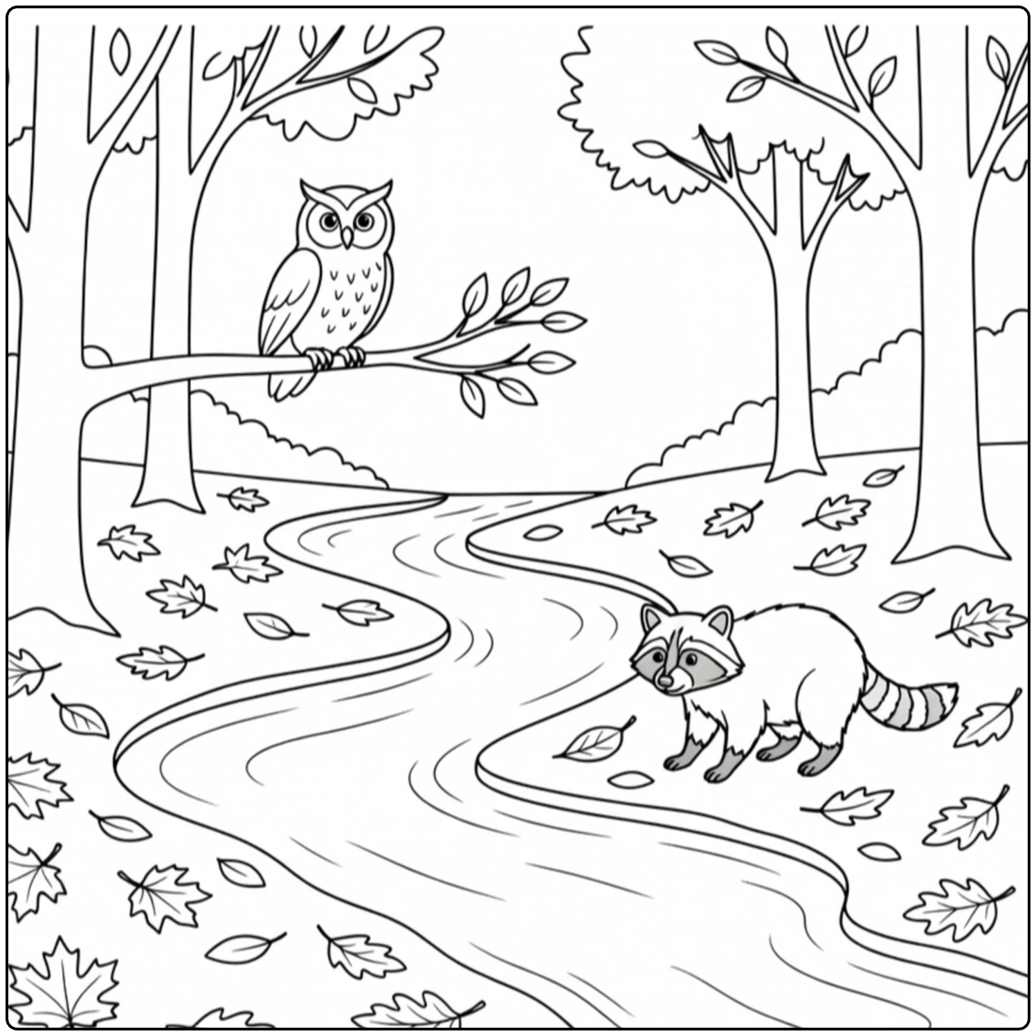 kleurplaat meer met herfst bos beek uil wasbeer