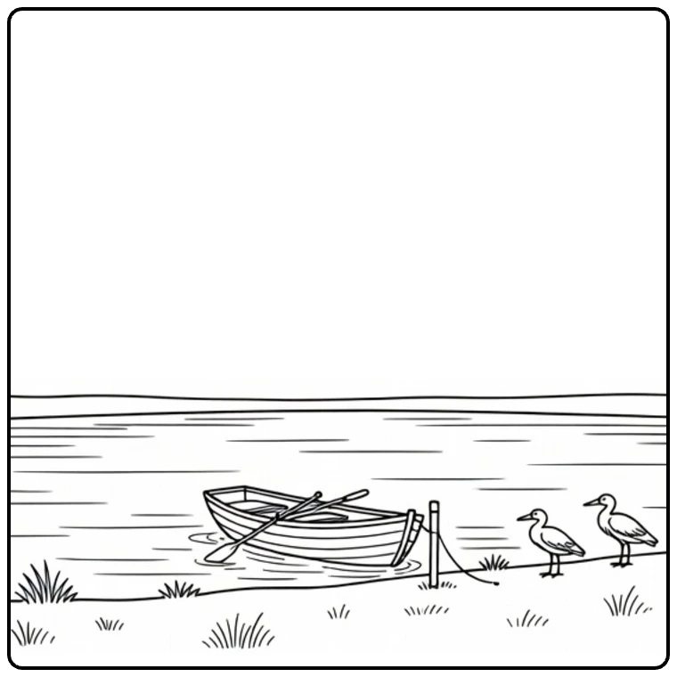 Kleurplaat meer met roeiboot en vogels
