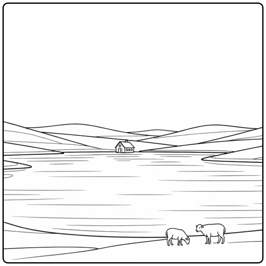 Kleurplaat meer met cottage en twee schapen
