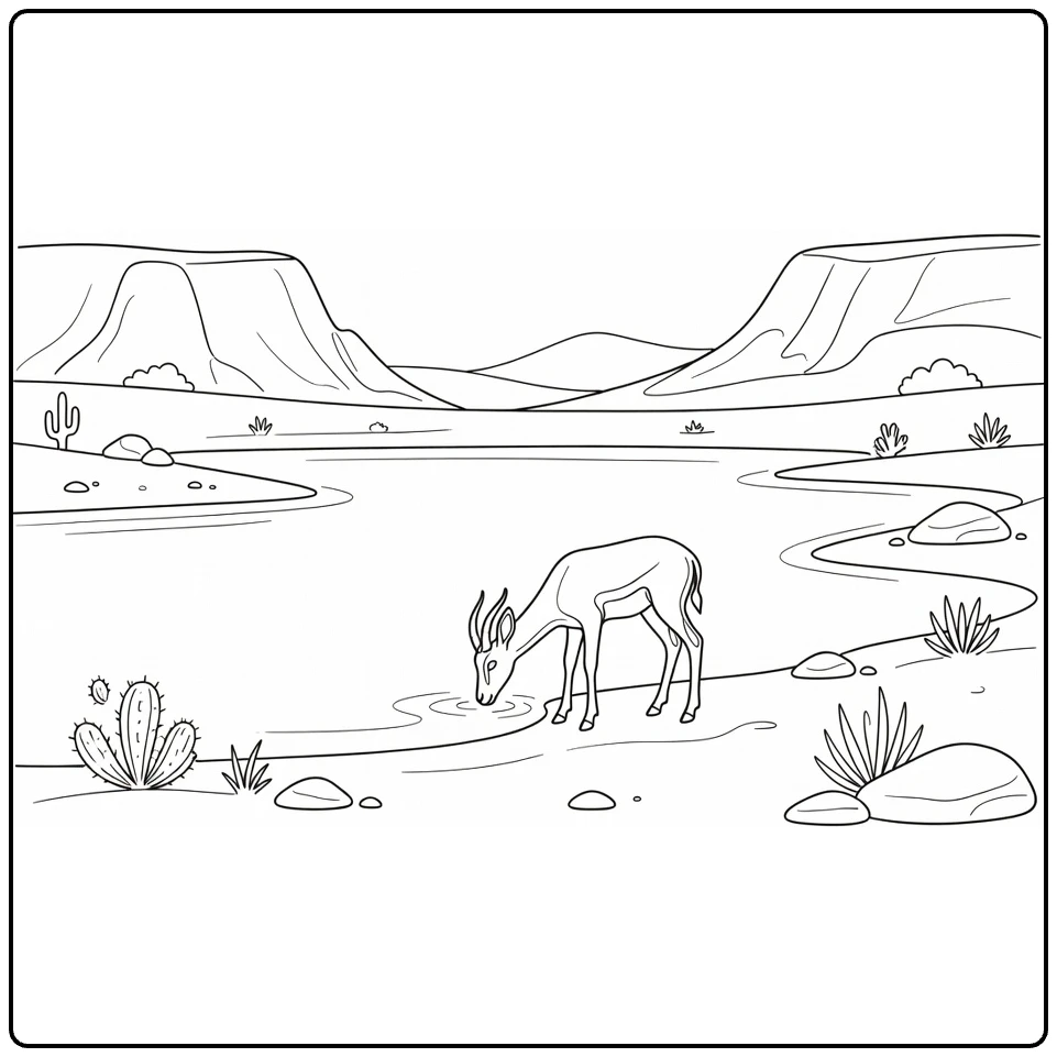 kleurplaat meer met antilope in woestijn