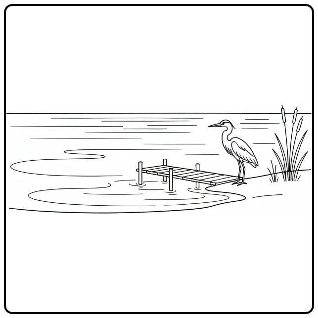Kleurplaat meer met houten pier reiger en riet