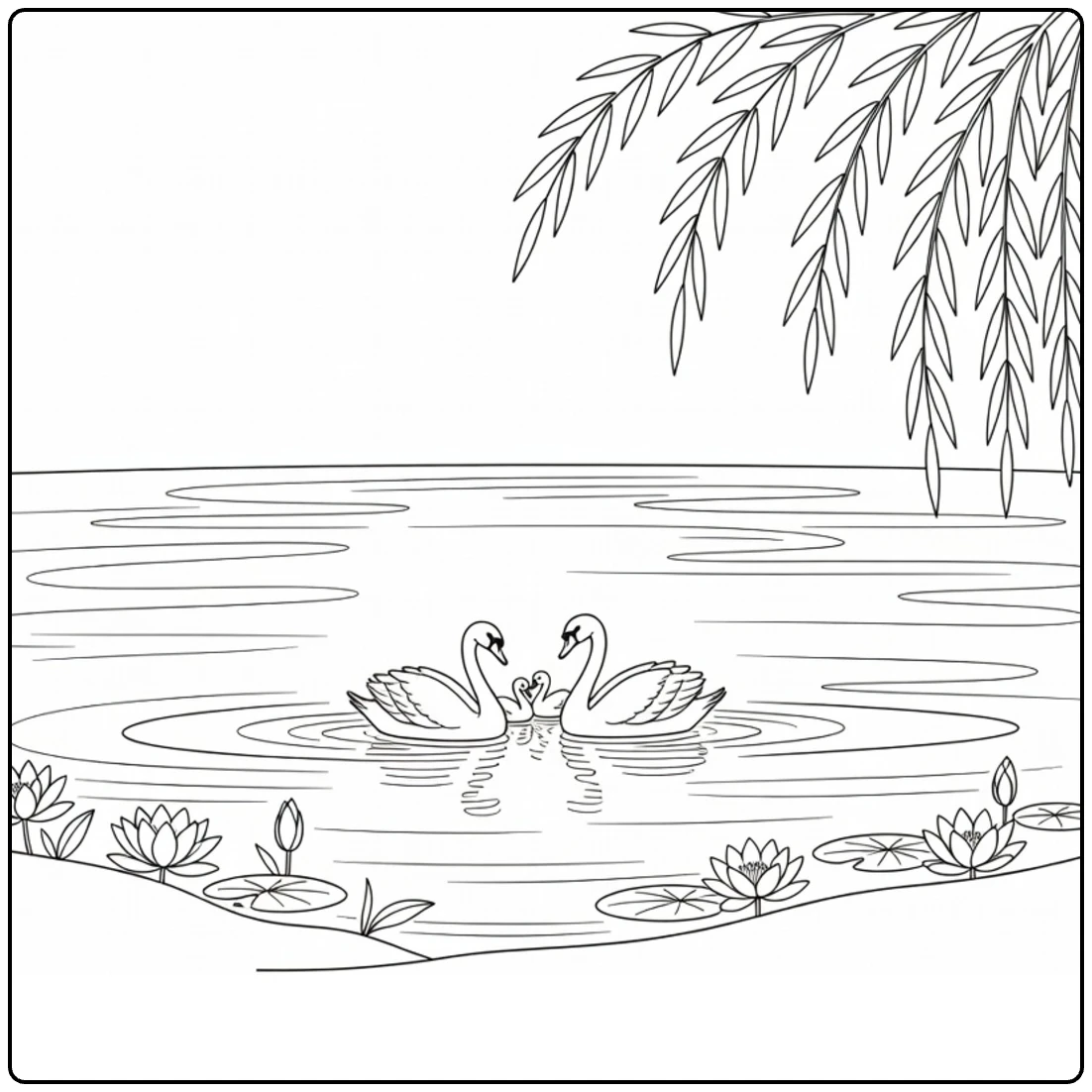 Kleurplaat meer met een rustige zwanenfamilie en leliebloemen
