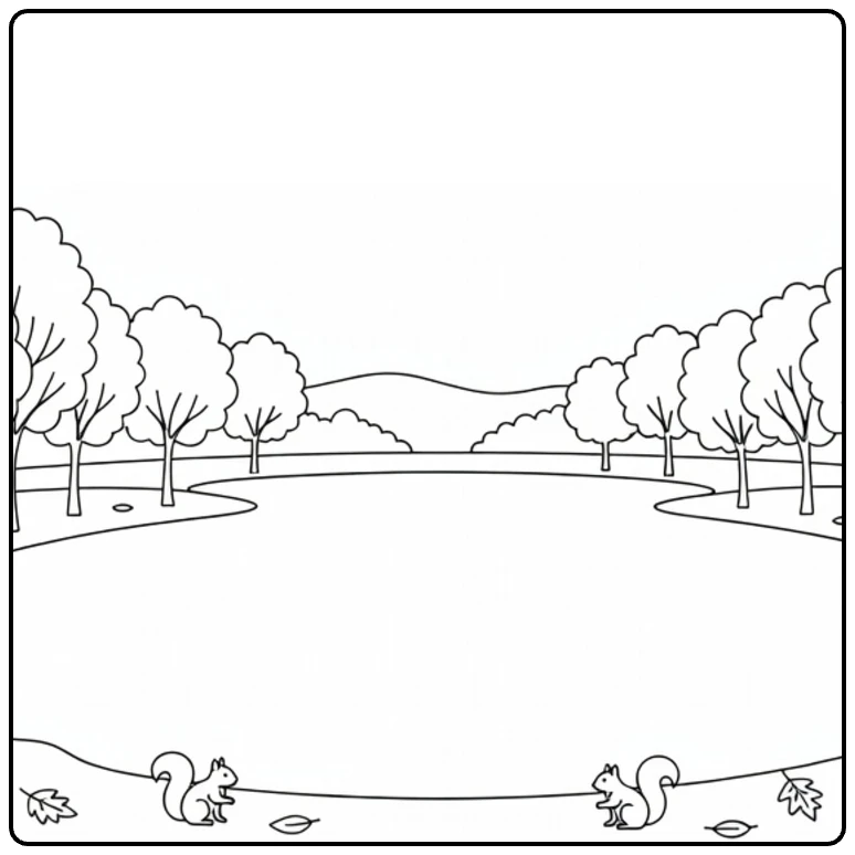 kleurplaat meer met herfstbomen en eekhoorns