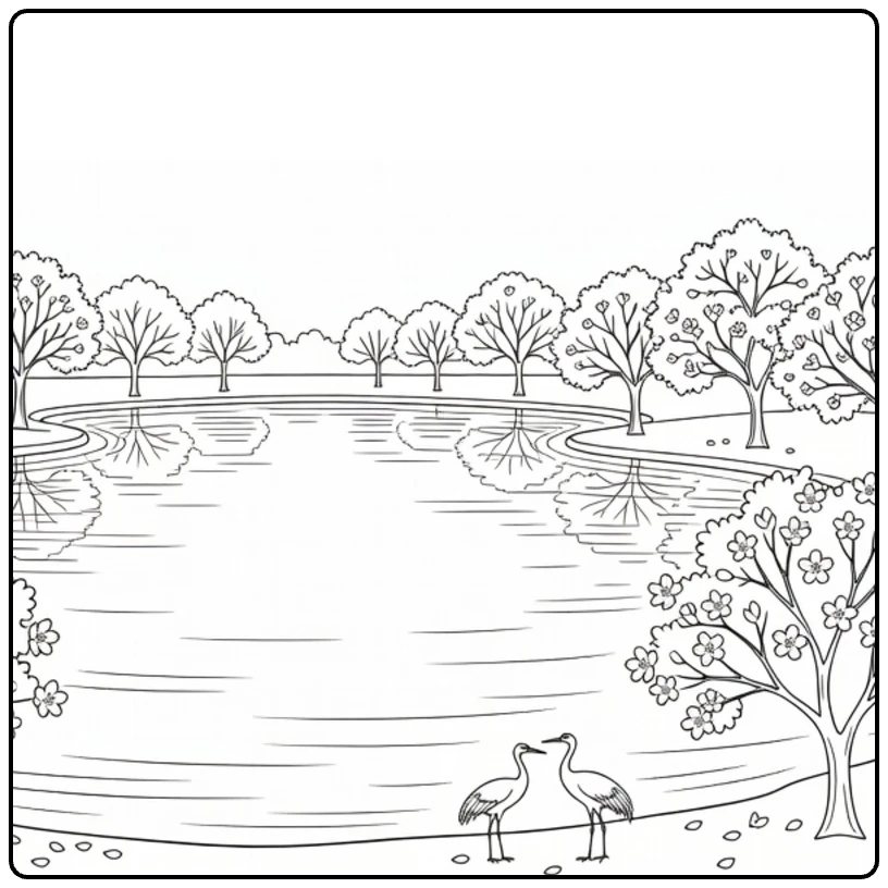 Kleurplaat meer met kersenbomen en kraanvogels aan oever