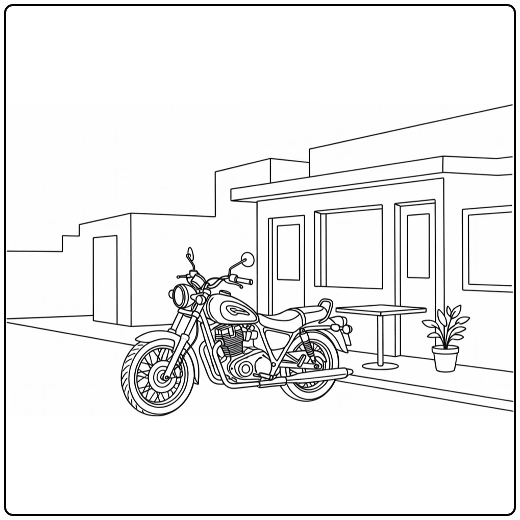 kleurplaat motor bij wegcafé met tafel en plant
