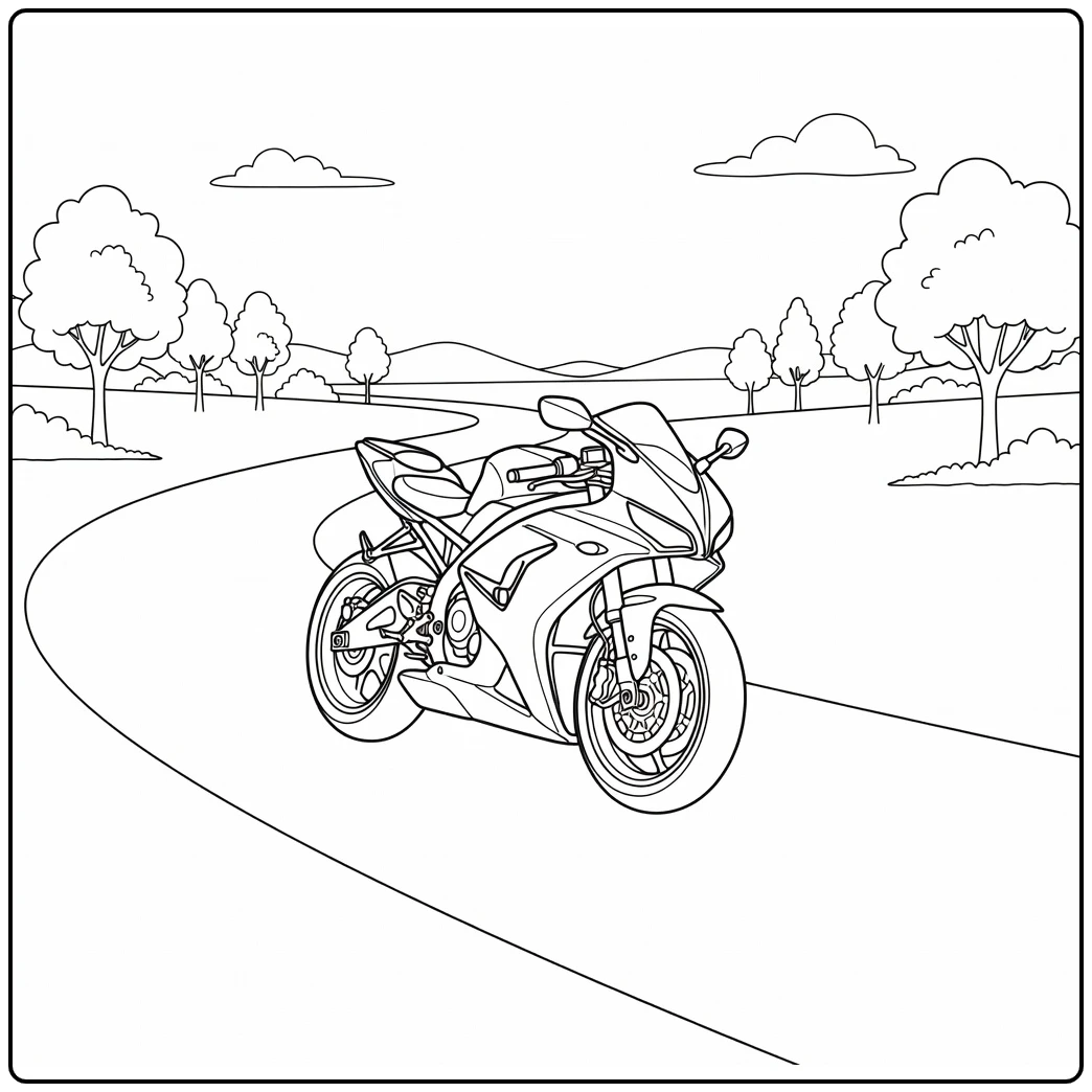 kleurplaat motor op bochtige weg met bomen wolken heuvels