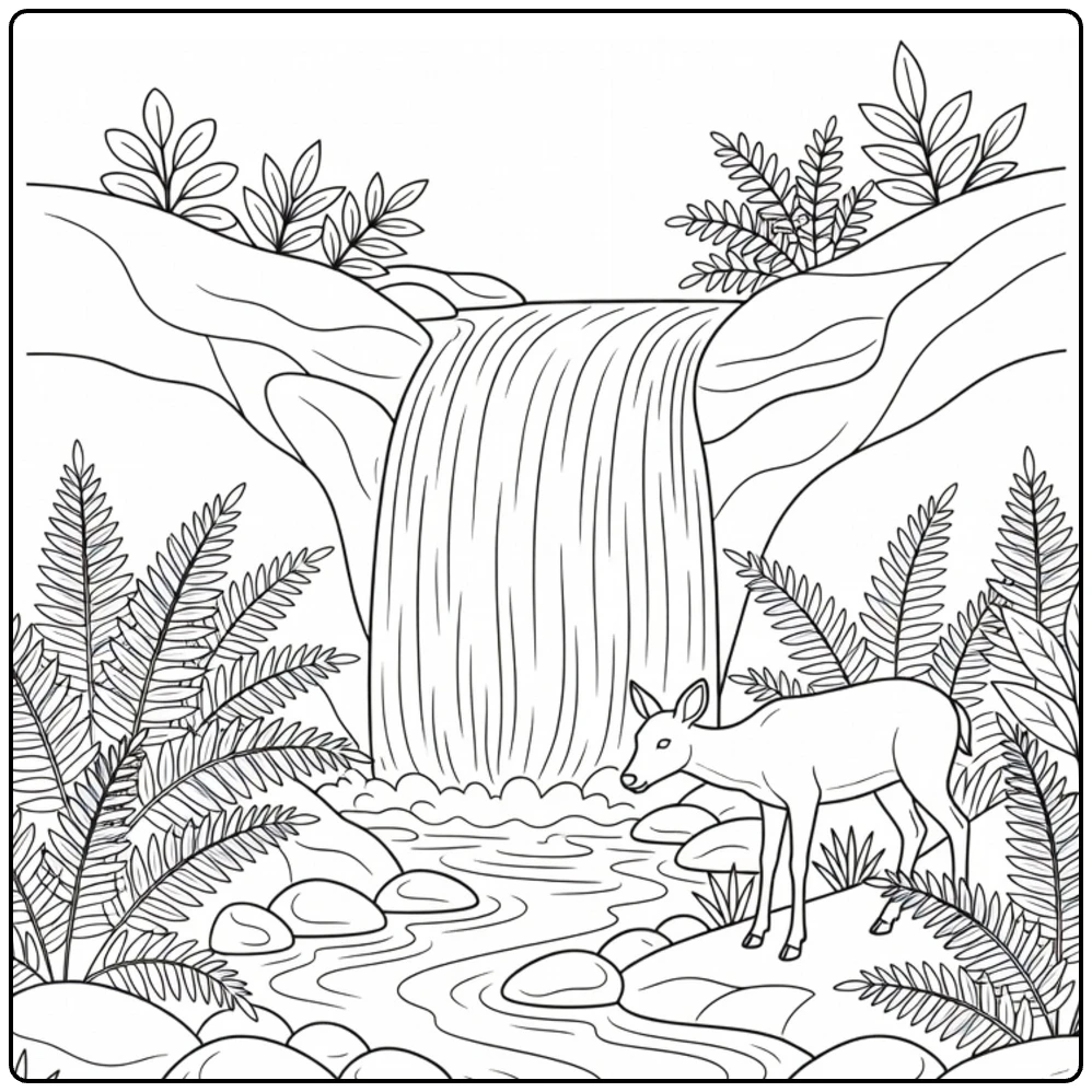 kleurplaat natuur met waterval, beek en hert