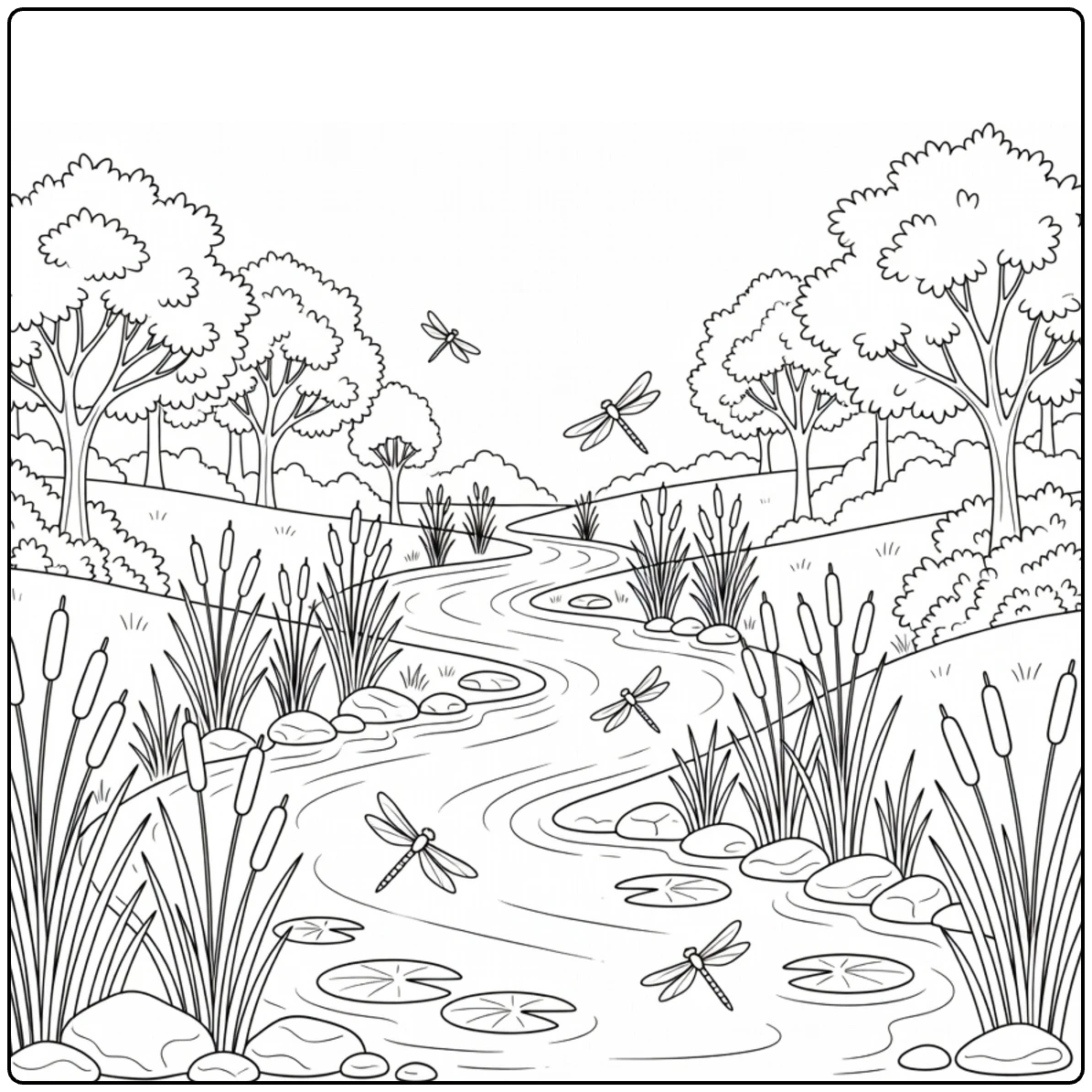kleurplaat natuur met rivier libellen en lelies