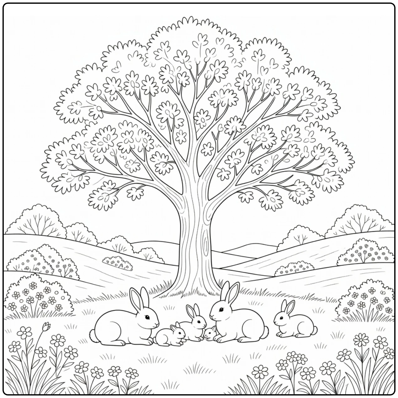 kleurplaat natuur met eikenboom en konijnenfamilie