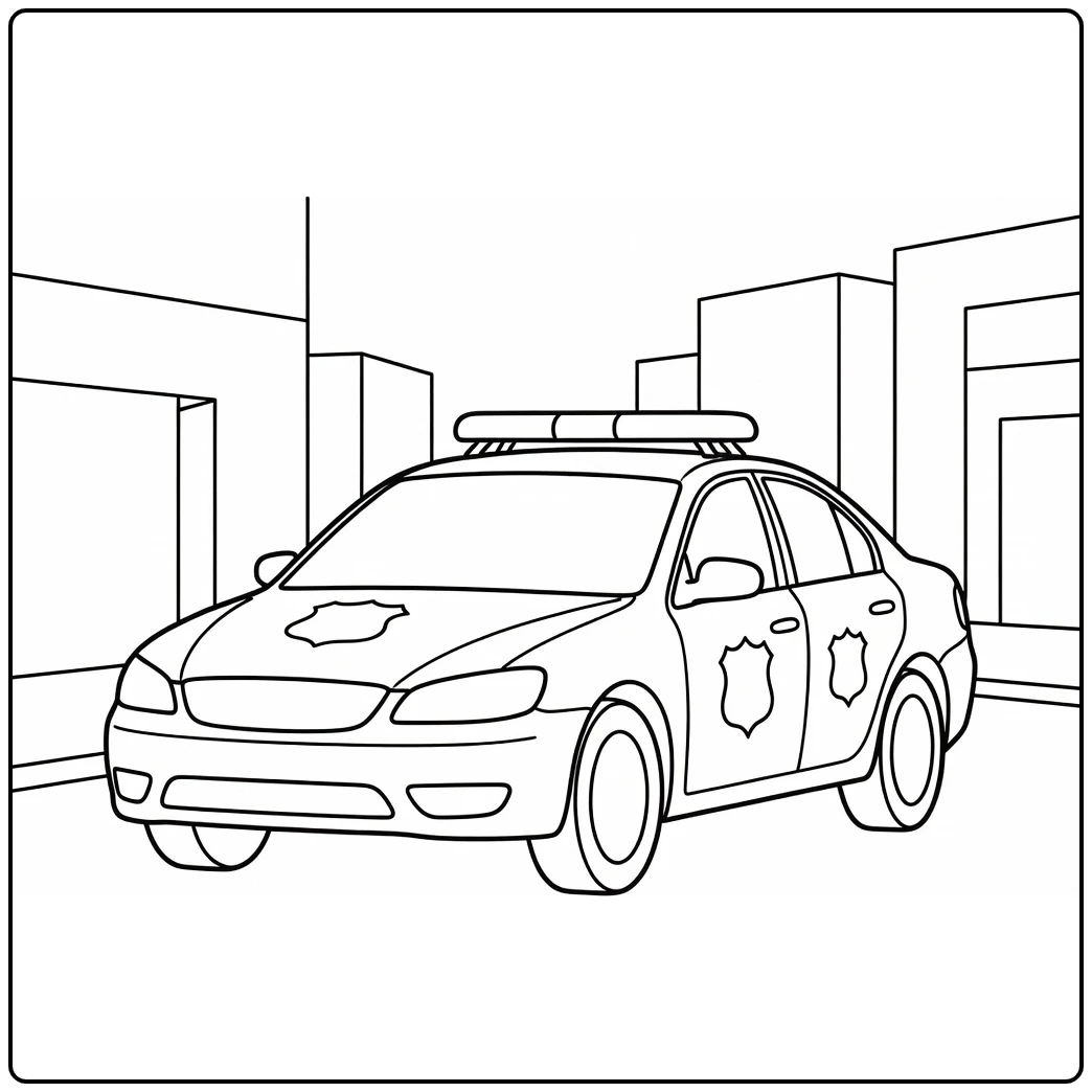 kleurplaat politieauto bij stadshoek met gebouwen