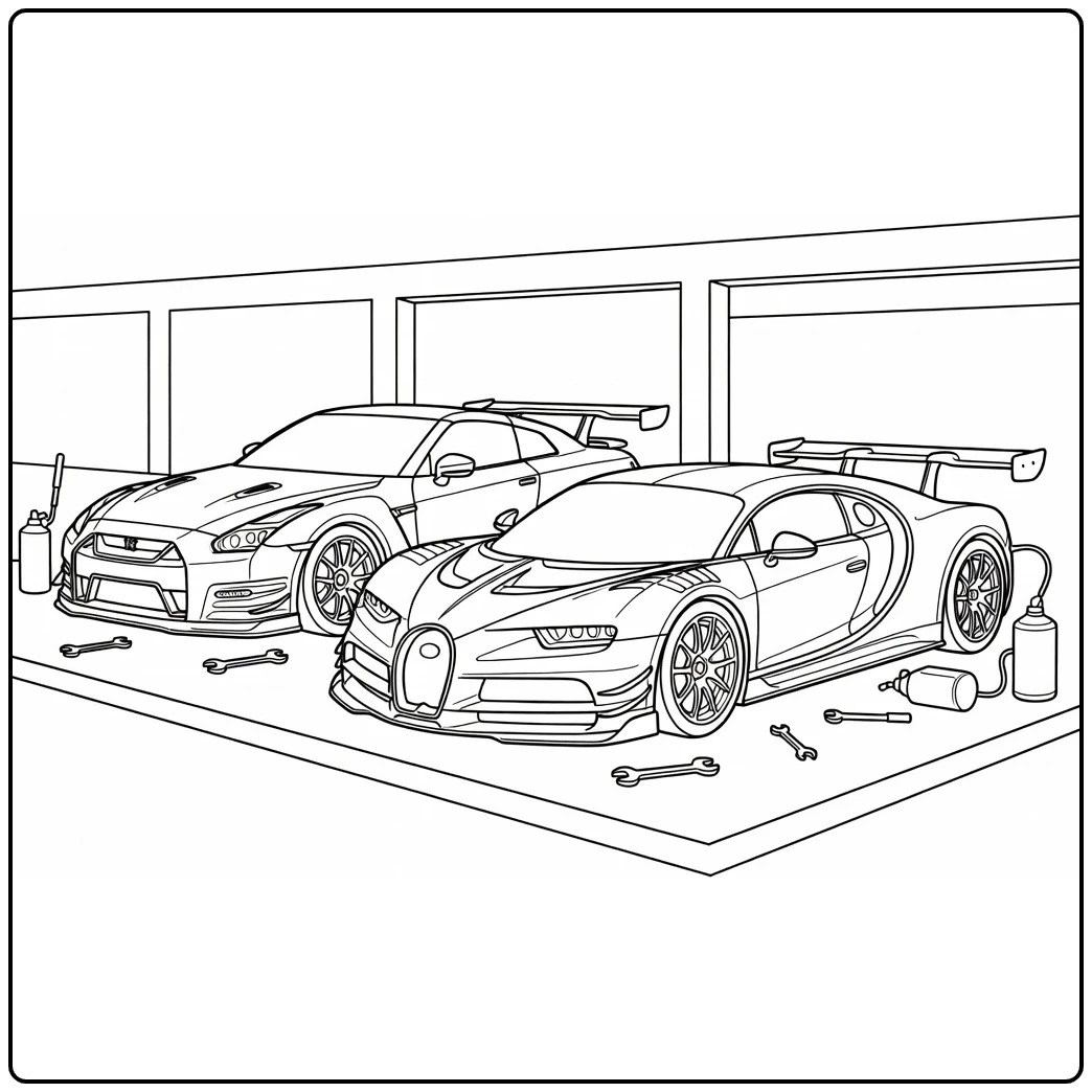 kleurplaat raceauto met Nissan GT-R en Bugatti pitstop