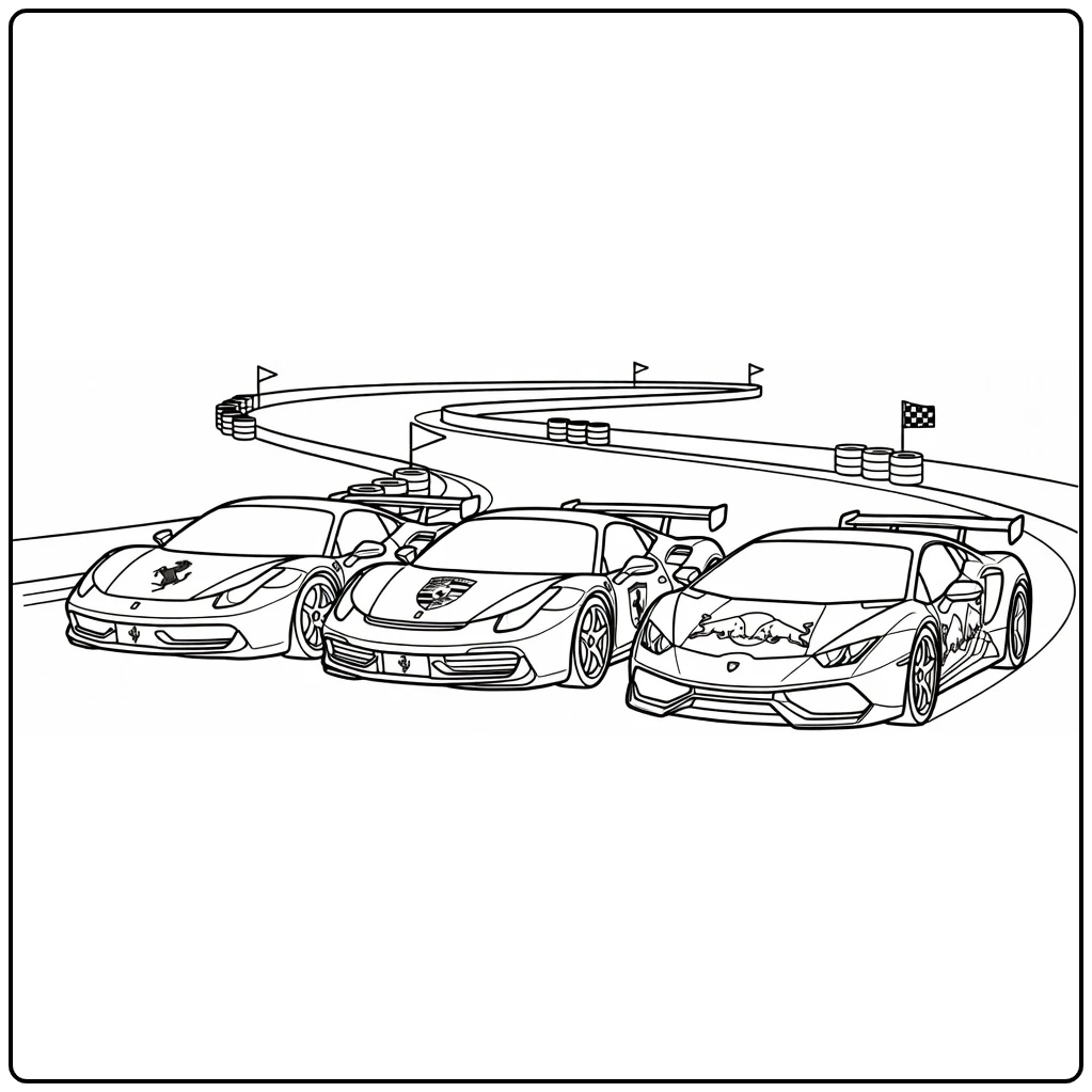 kleurplaat raceauto met Ferrari Porsche Lamborghini op circuit