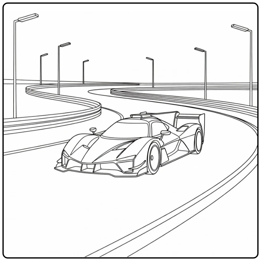 kleurplaat raceauto op nachtelijke racebaan