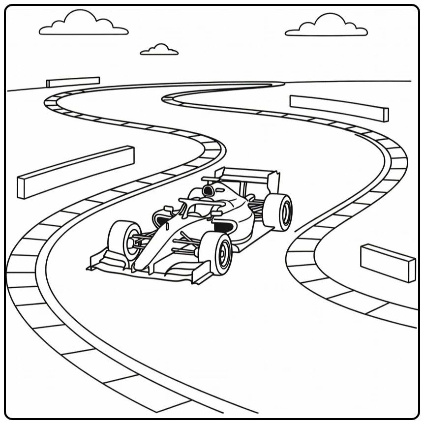 kleurplaat raceauto door S-bocht met barriers en wolken