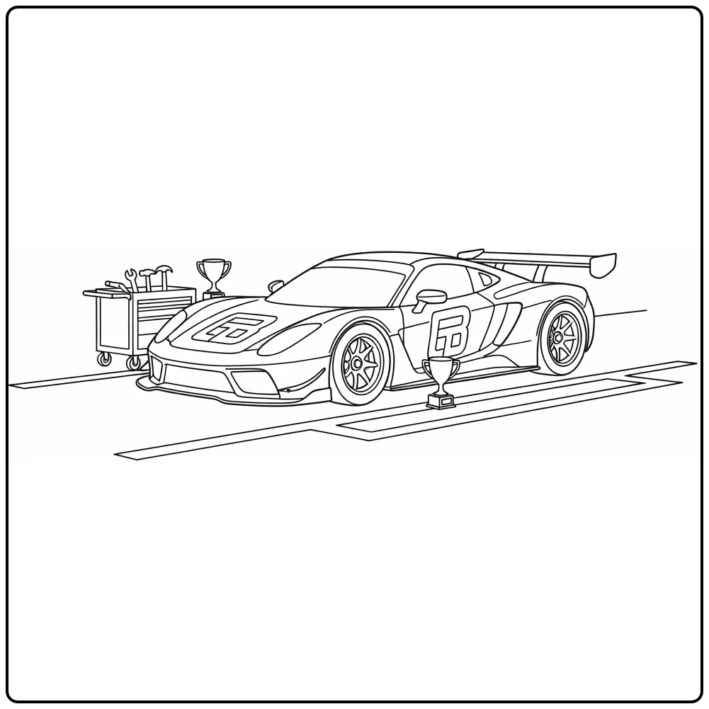 Kleurplaat raceauto in pitlane met trofee en kar
